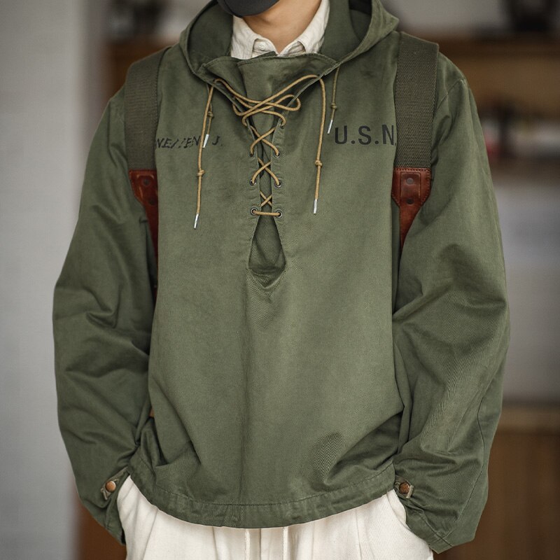 Maden male Hooded Pullover Long Sleeve Deck Parker Jacket Drawstring Neckline Workwear Jacket Green Cuffs Ribbon Closure Jacket