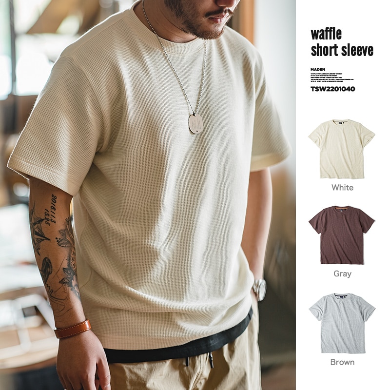 2023 Maden Brand Summer New American Style Waffle Pattern Round Neck Knit Short Sleeve Breathable T-shirt Anti Wrinkle Tee