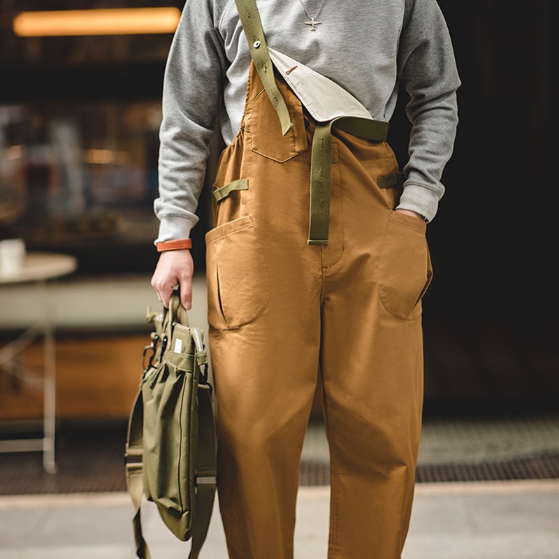 Maden 2022 New Men&#39;s Bib Pants American Vintage Loose Solid Jumpsuits Streetwear Multi Pockets Casual Suspenders Cargo Overalls