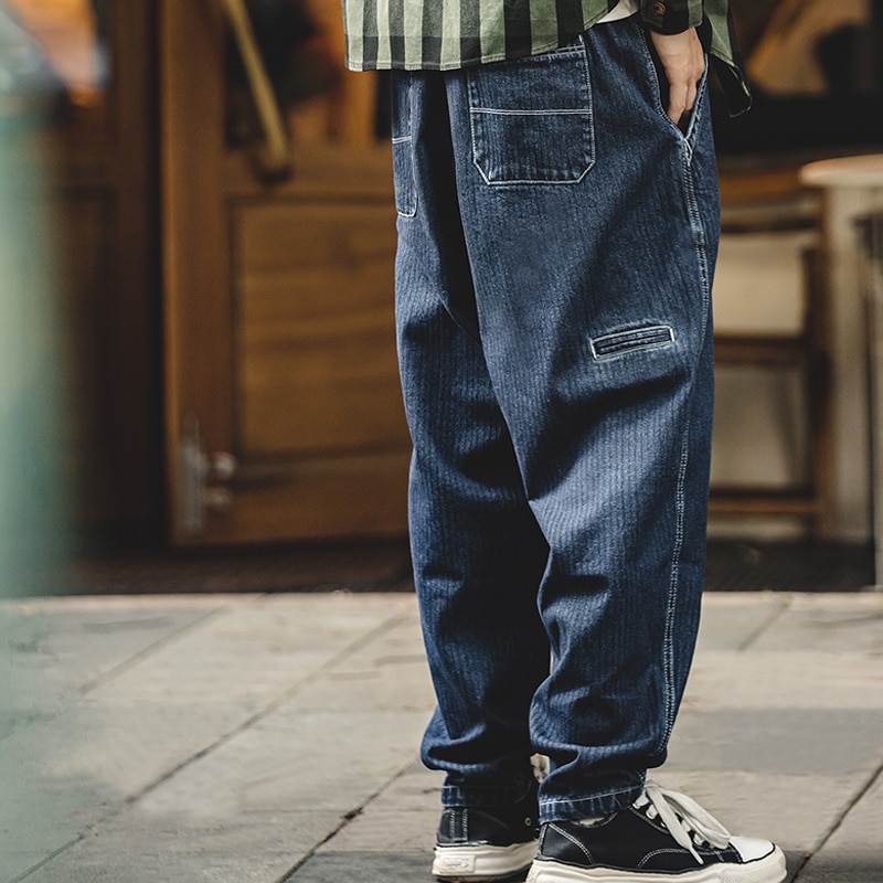 Maden Patchwork Harlan Jeans Japanese Vintage Denim Loose Wide Leg Mid Waist Streetwear Harajuku Trousers No Elastic Male Cargo