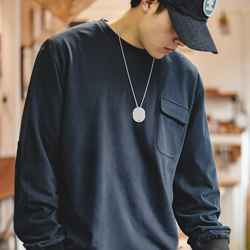 MADEN Vintage Suede Stitching Patchwork Cotton Long Sleeve T-shirt Loose Shoulder round Neck Sweater for Men