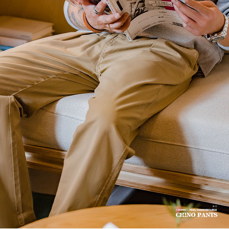 Maden American Retro Brushed Chino Pants Stretch Slim Trousers