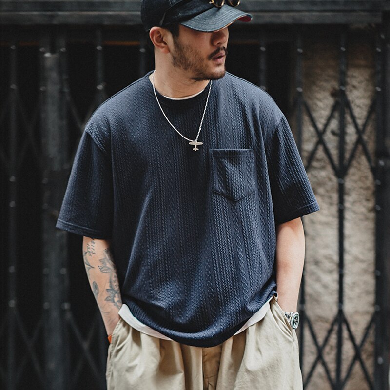 Maden Japanese Retro Jacquard Knit T-shirts for Men 2023 Summer New Oversized T shirts Amekaji Tees Navy Blue Short Sleeve Tops
