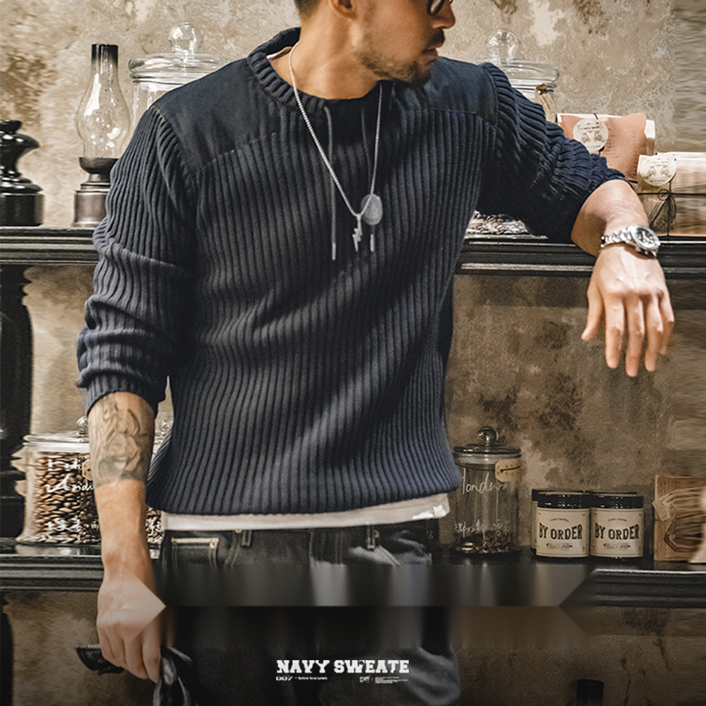 MADEN American Vintage Vertical Stripes Stitching round Neck  Sweater 