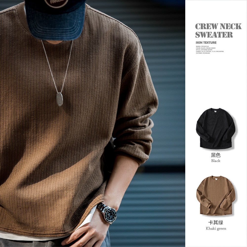 Maden Crew Neck Knitted Hoodies Men’s Warm Lazy Style Loose Pullover Drop Shoulder Vintage Sweater Casual Solid Color Sweatshirt