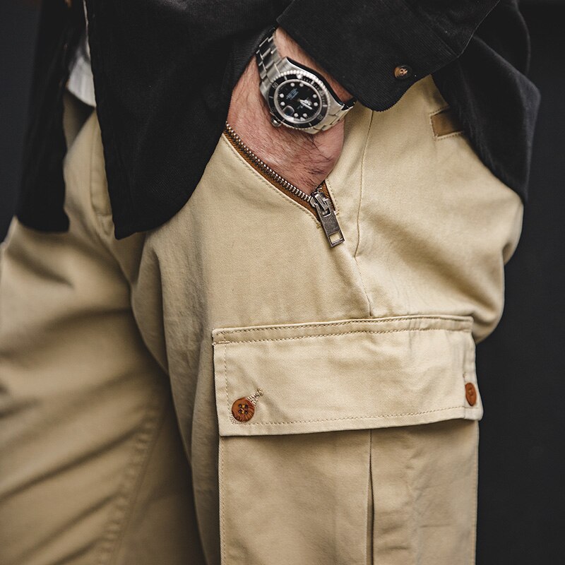 Maden Retro Khaki Tapered Cargo Pants Men Mountain Military Pant Cotton Zipper Pocket Casual Men's Trendy Long