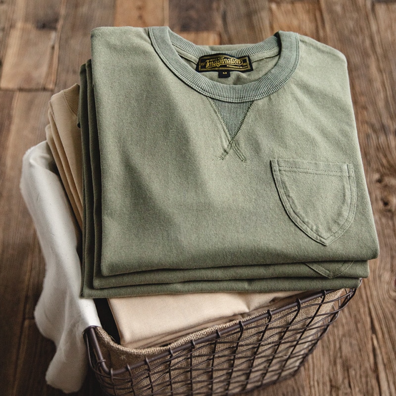 Maden  Summer New Solid Male T-shirt 100% Cotton Retro Army Green Simple Round Collars Pocket Short Sleeves Amekaji Men T-shirt