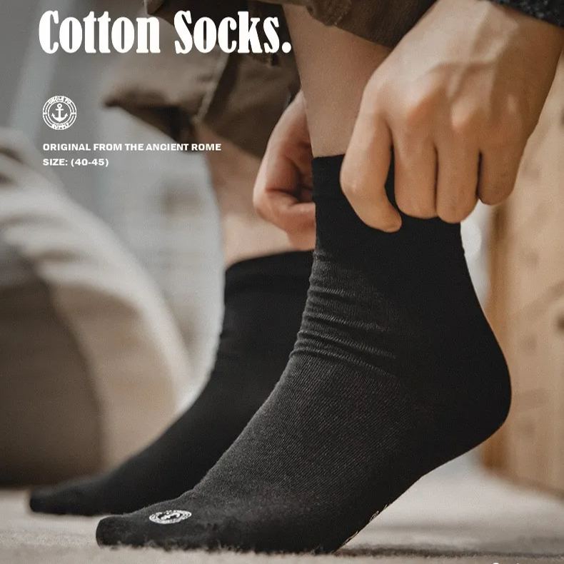 Maden 3 Pairs Embroidery Anchor Men's Socks Knitting Cotton Letter Sock Black Business Men Soft Breathable Socks Casual Hosiery