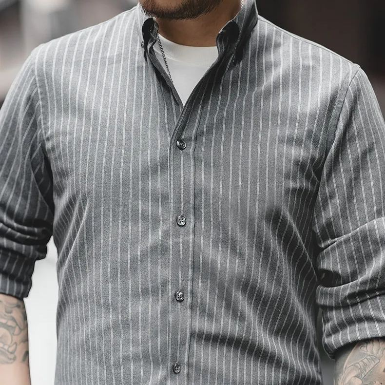 Maden Autumn Retro Blue Striped Shirt For Men Long Sleeve Classic Business Shirt Oxford Cotton Line Men's Clothing Camisas New