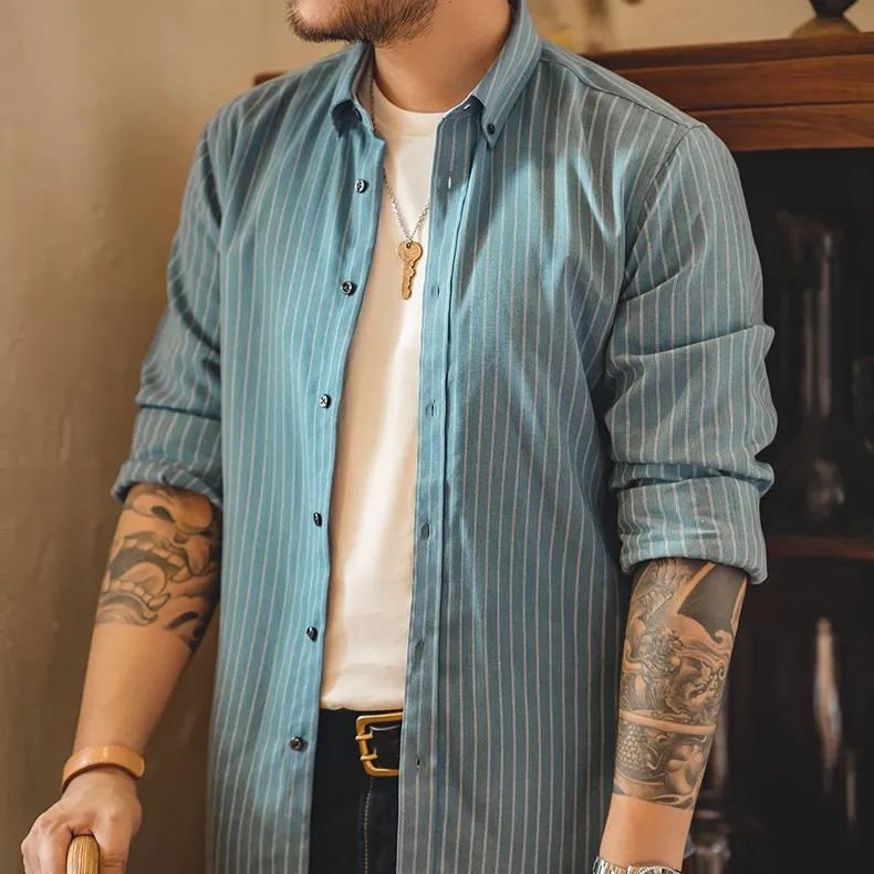 Maden Autumn Retro Blue Striped Shirt For Men Long Sleeve Classic Business Shirt Oxford Cotton Line Men's Clothing Camisas New