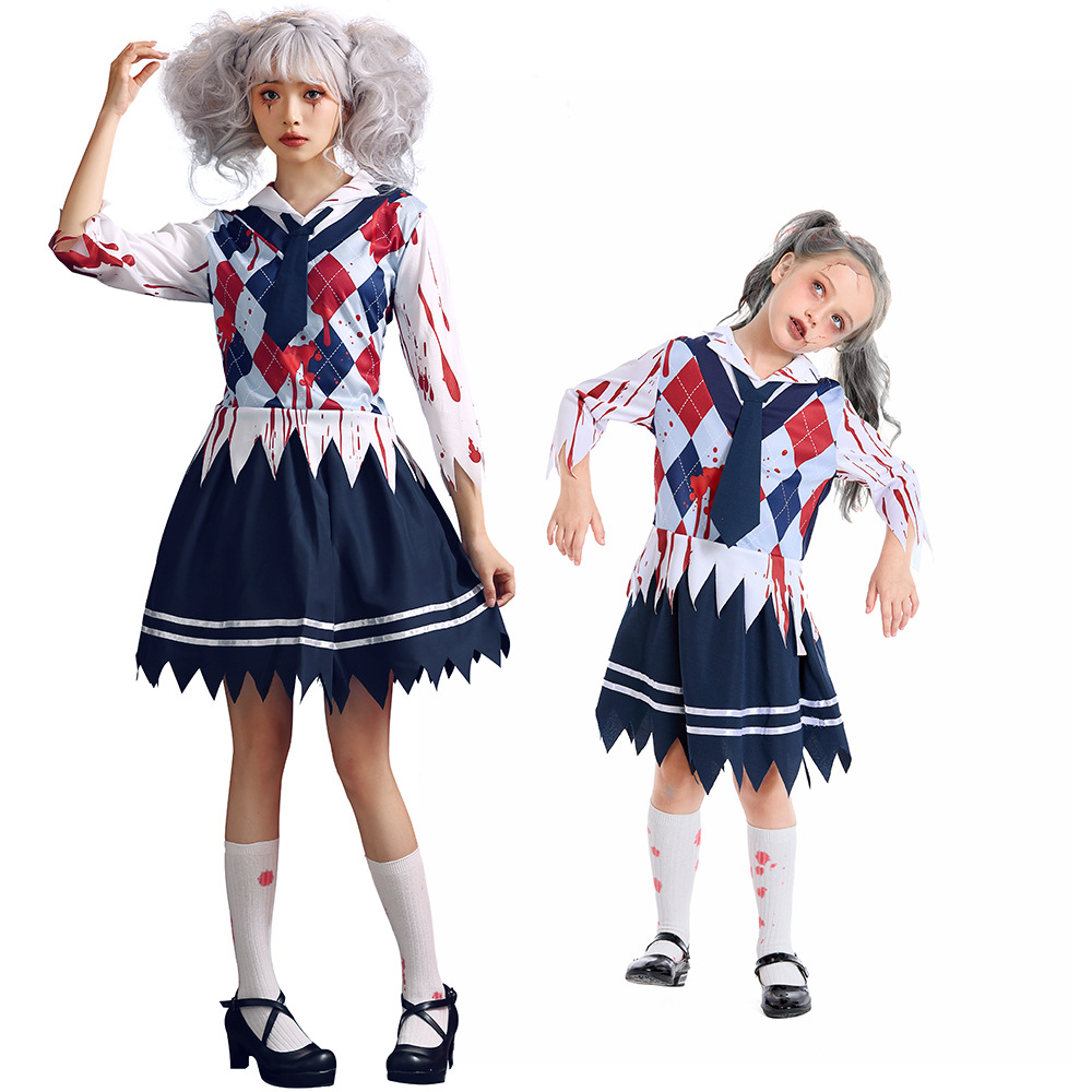 Zombie Bloodstained Red Student Dress Outfits Halloween Cosplay Family Matching Costume