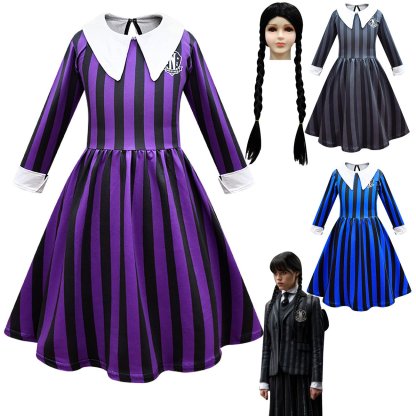 Wednesday Costume The Addams Family Cosplay Striped Dress For Kids