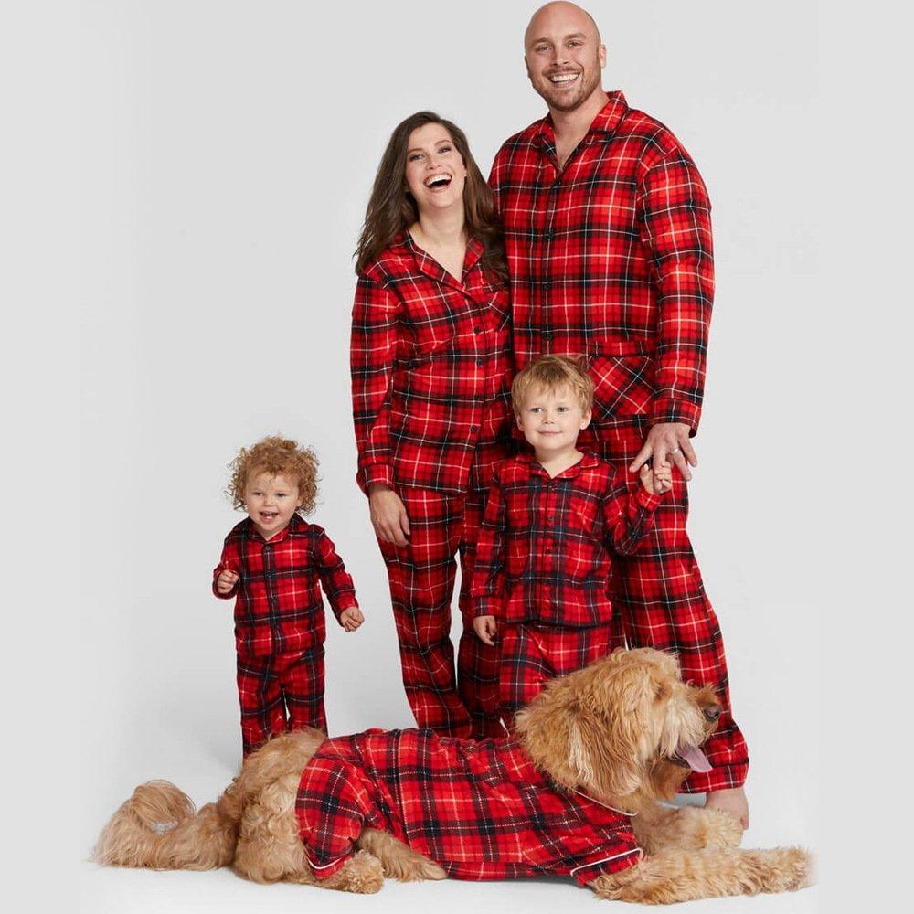 Christmas Family Matching Pajamas Plaid Button-Front Long Sleeve Lapel Sleepwear Set