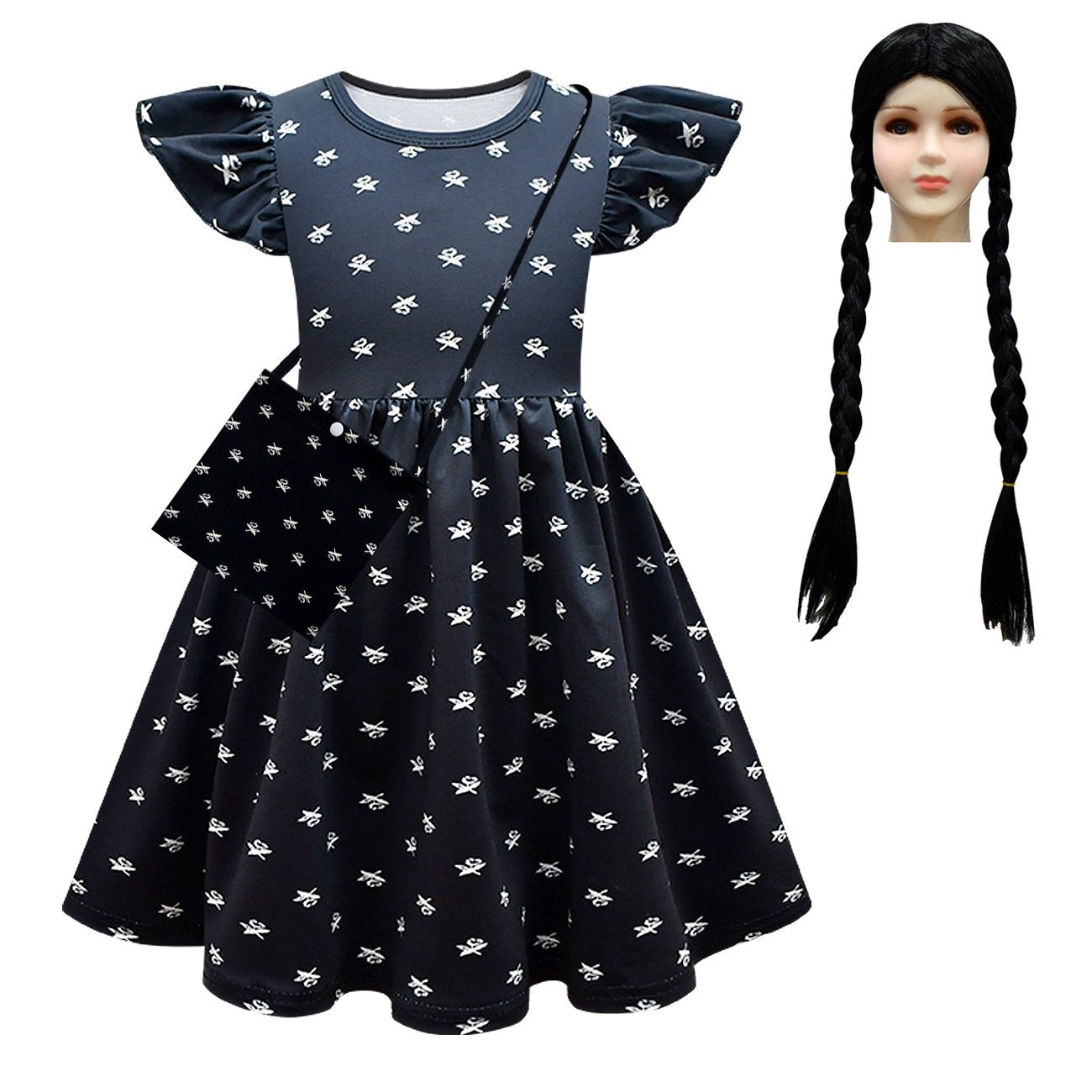 Wednesday Costume The Addams Family Cosplay Flying Sleeve Printed Dress For Kids
