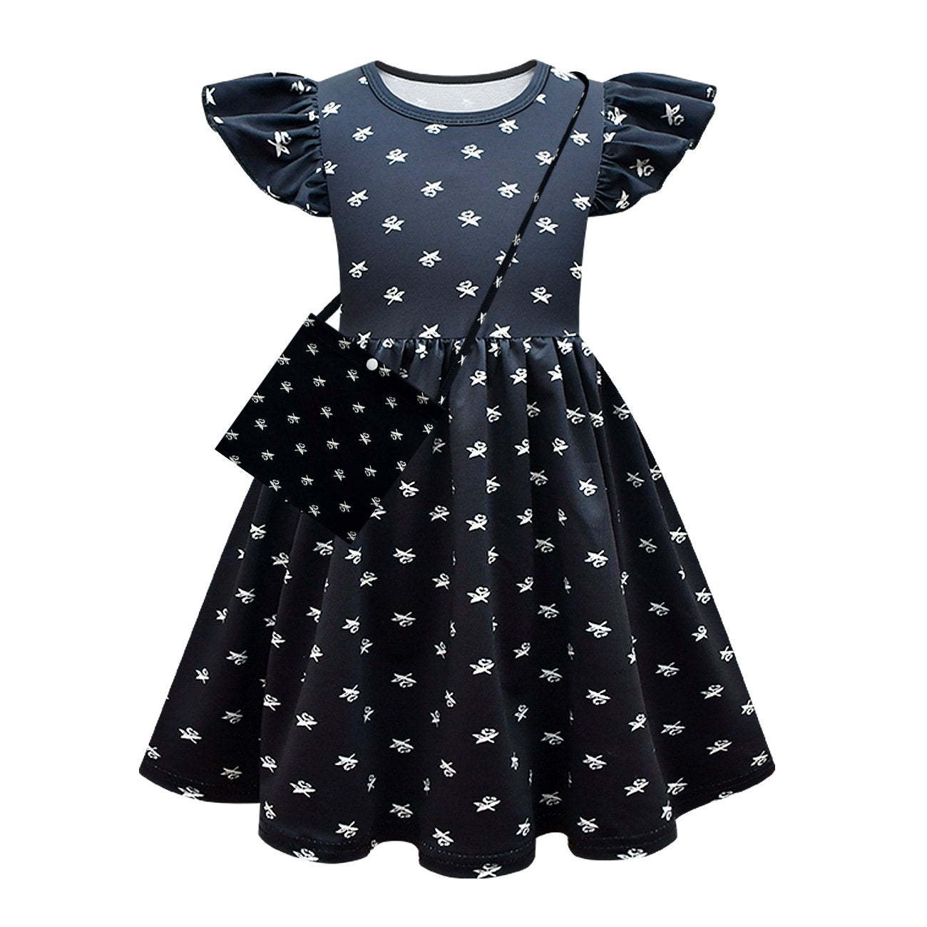 Wednesday Costume The Addams Family Cosplay Flying Sleeve Printed Dress For Kids
