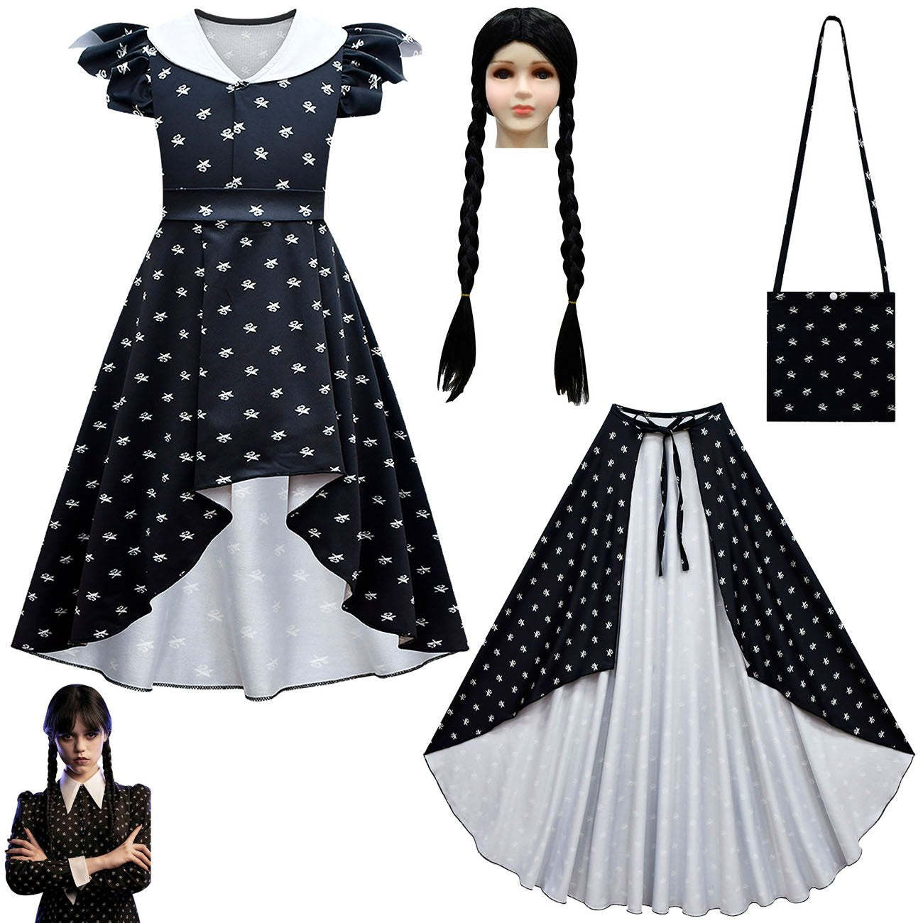 Wednesday Costume The Addams Family Cosplay Flying Sleeve Dress Set For Kids