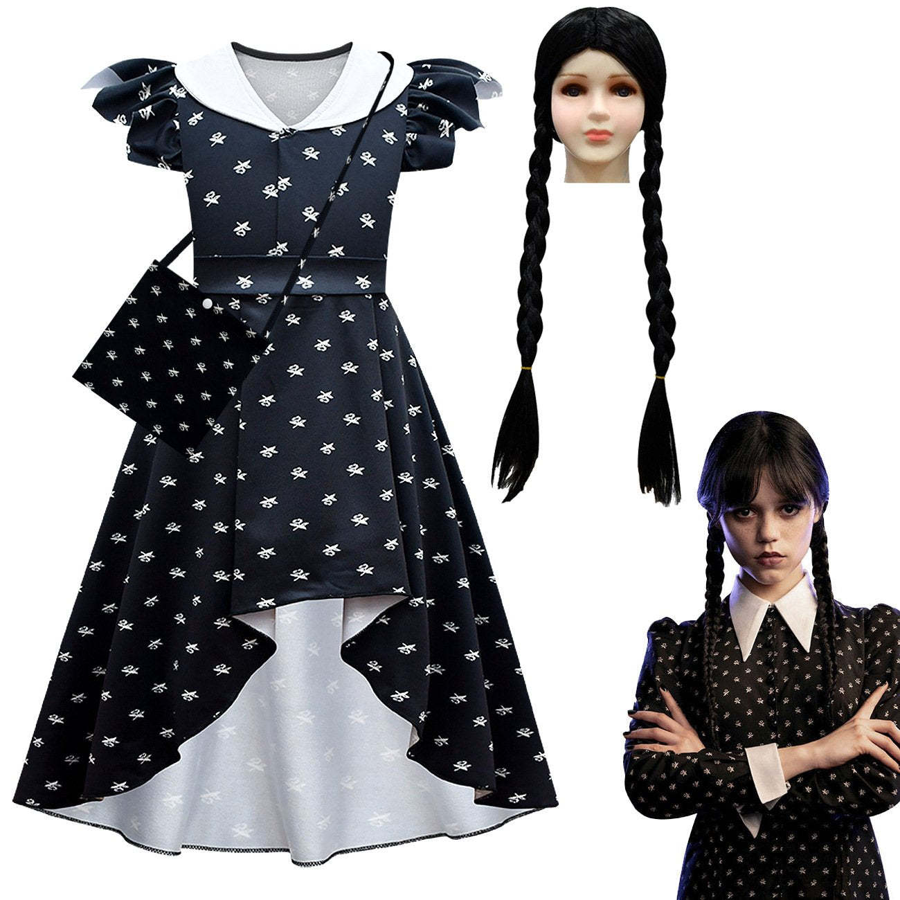 Wednesday Costume The Addams Family Cosplay Flying Sleeve Dress Set For Kids