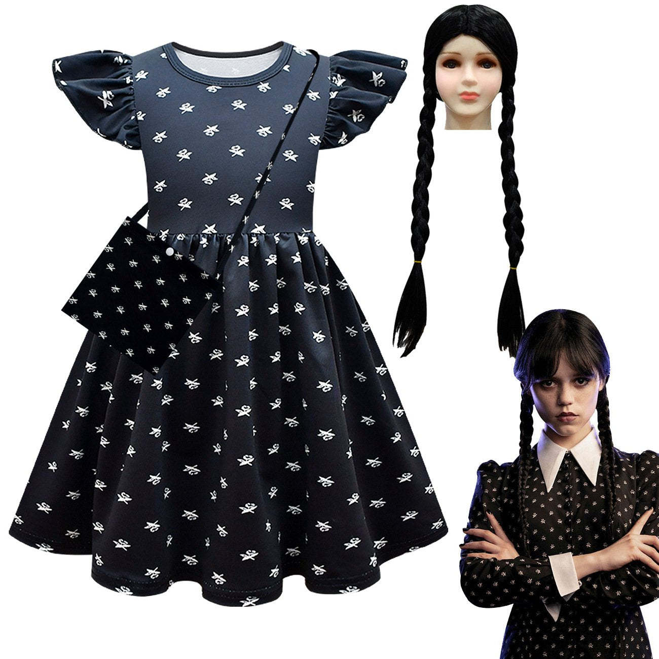 Wednesday Costume The Addams Family Cosplay Flying Sleeve Printed Dress For Kids