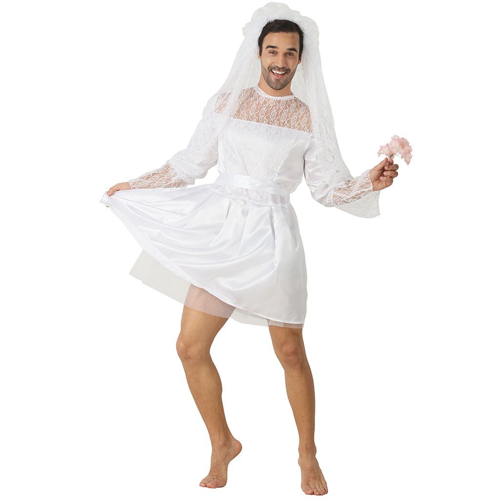 Men's Wedding Dress Funny Male White Bride Costume Halloween Stag Night Party Outift