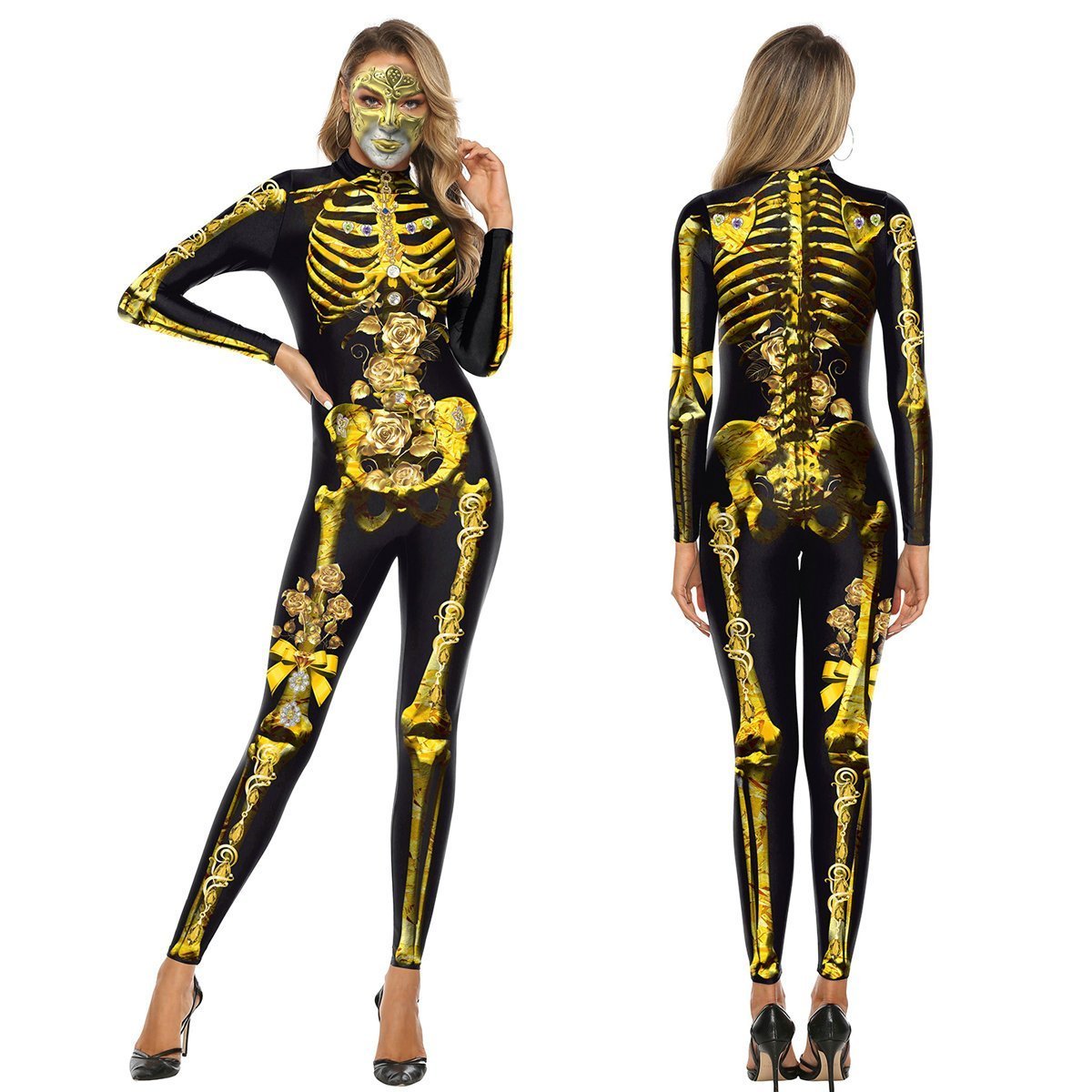 Halloween 3D Yellow Skeleton Printed Cosplay Costume Zentai Jumpsuit