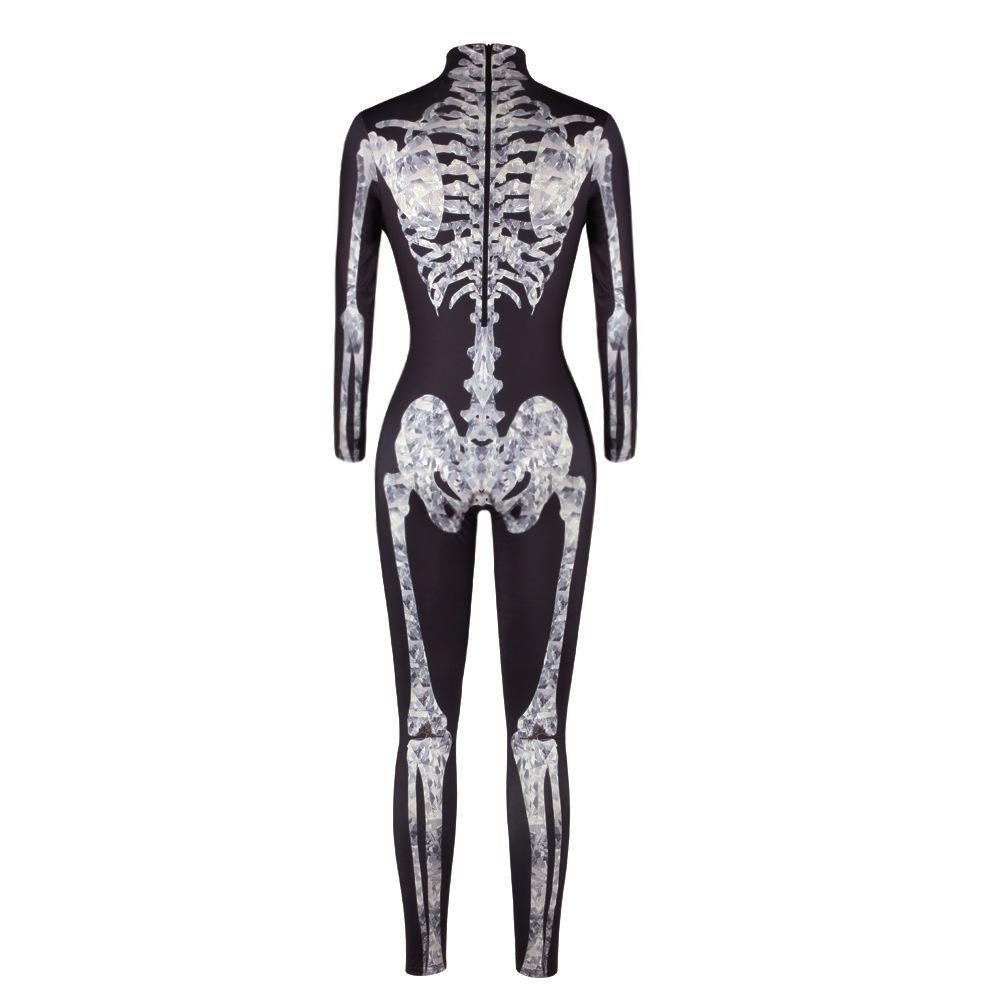 Black Printed Skull Skeleton Catsuit Halloween Jumpsuit Costume