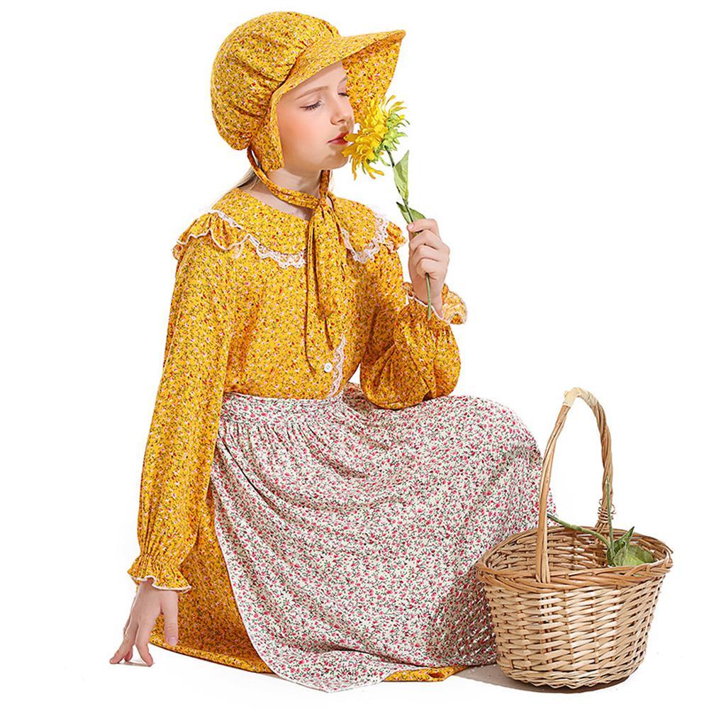 Kids Yellow Floral Colony Girl Prairie Pioneer Trailblazer Cosplay halloween Costumes