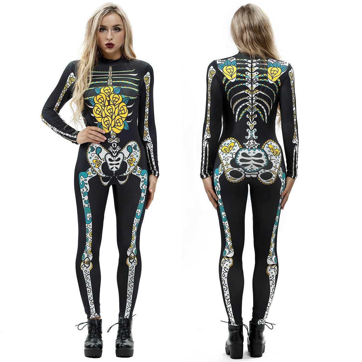 Skeleton Flower Print Halloween Cosplay Costume Jumpsuit for Women