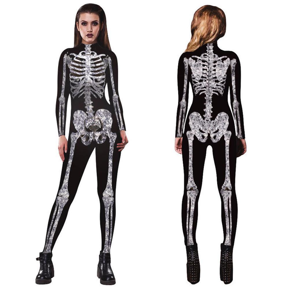 Black Printed Skull Skeleton Catsuit Jumpsuit Halloween Costume-Pajamasbuy