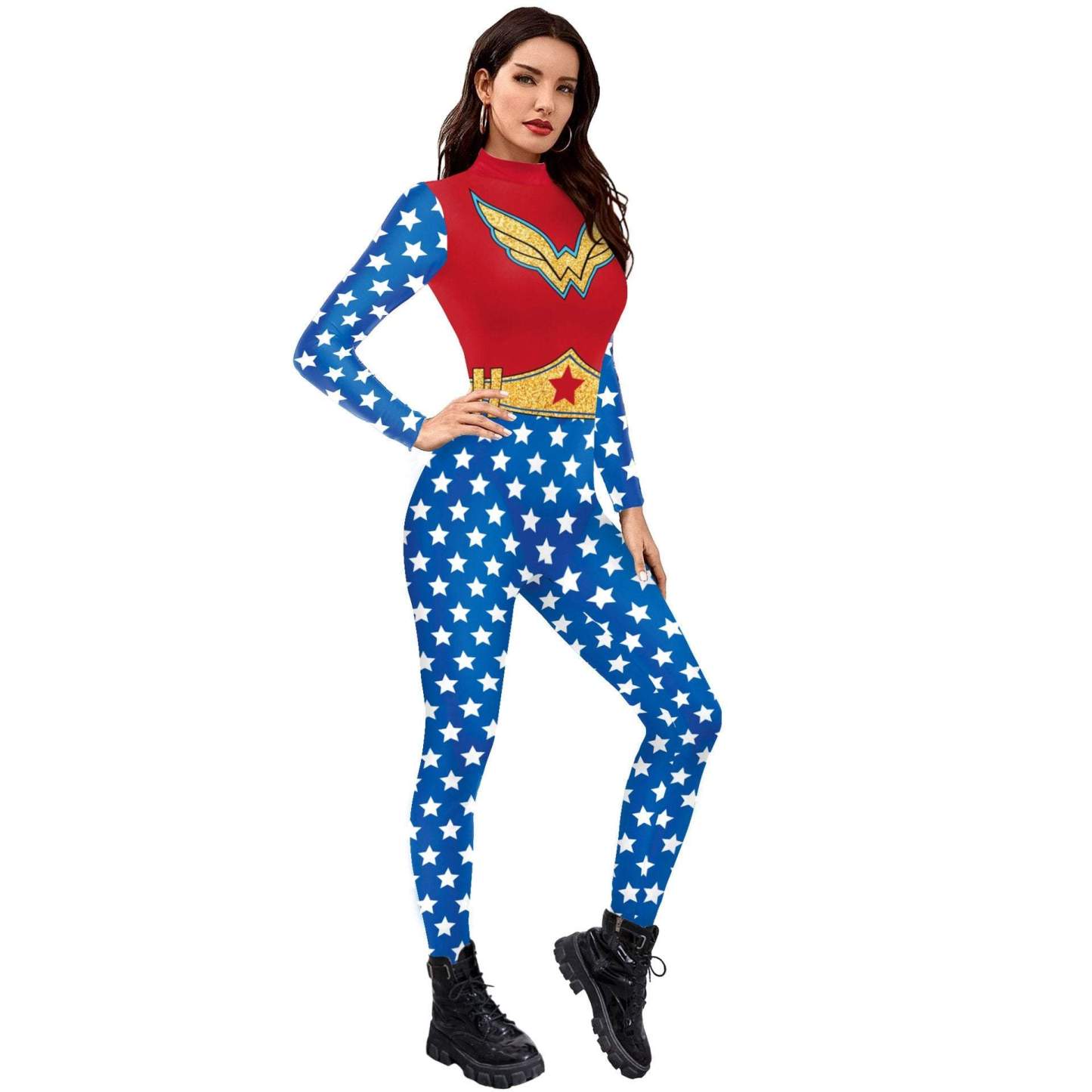 Superhero Wonder Woman Cosplay Costume Halloween Printed Jumpsuit Slim Fit Long Sleeve Party Outfit for Women