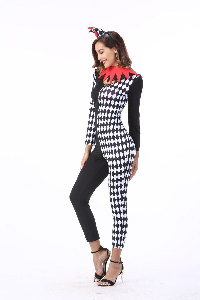 Adult Women Circus Clown Costume Halloween Jumpsuit Contrast Color