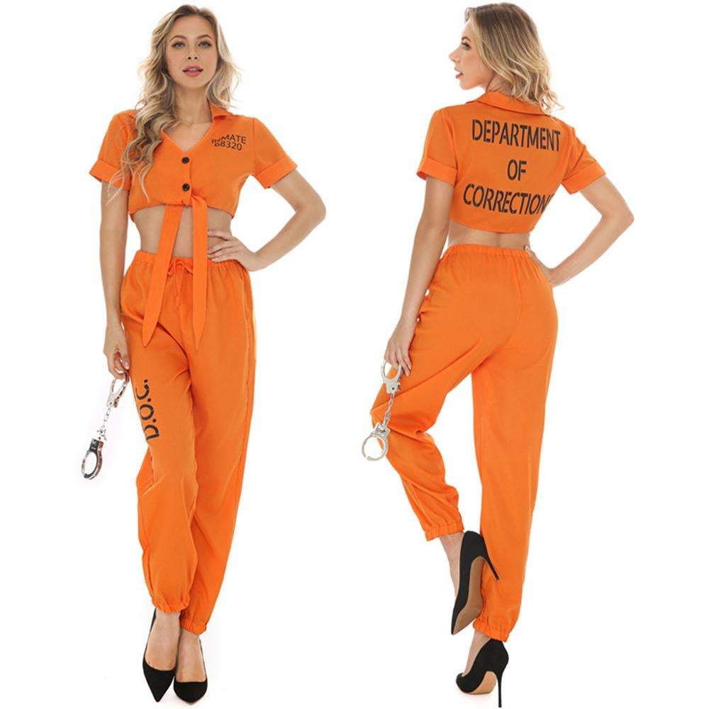 Women Orange Prisoner Halloween Handcuff Cosplay Costume