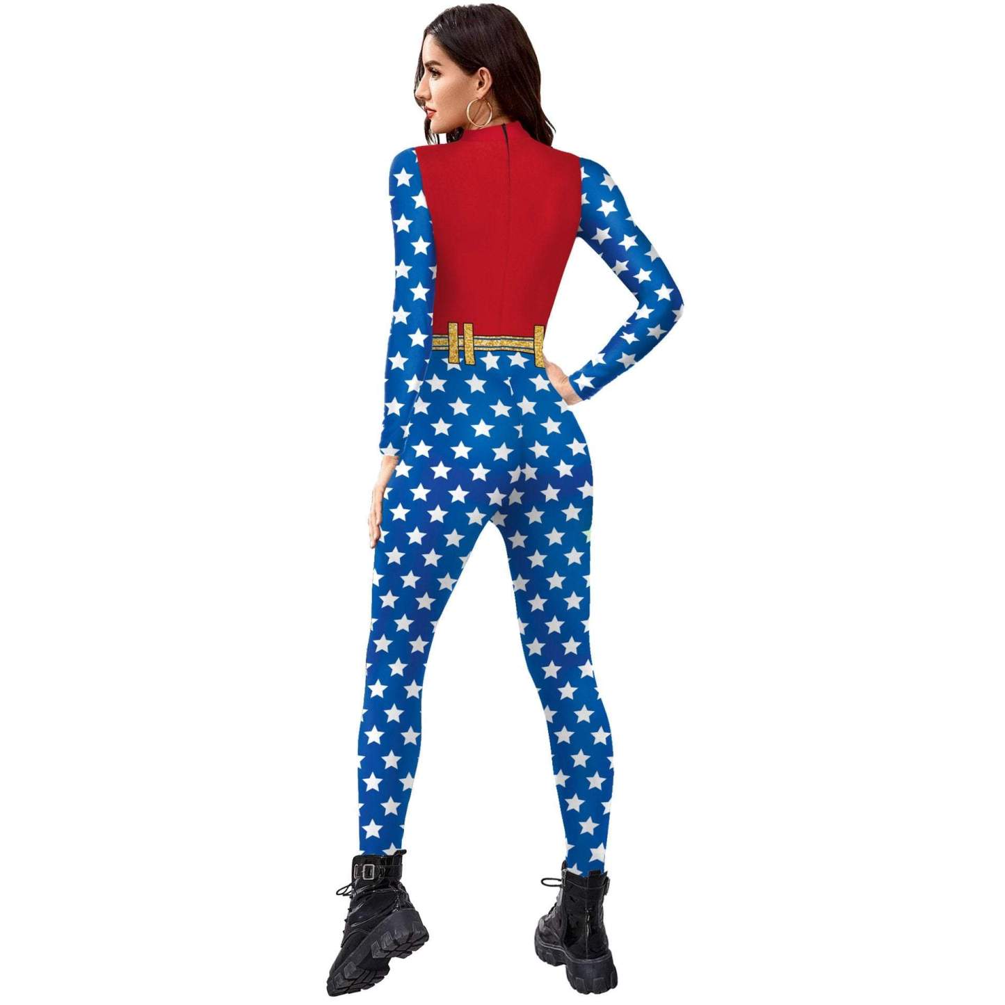 Superhero Wonder Woman Cosplay Costume Halloween Printed Jumpsuit Slim Fit Long Sleeve Party Outfit for Women