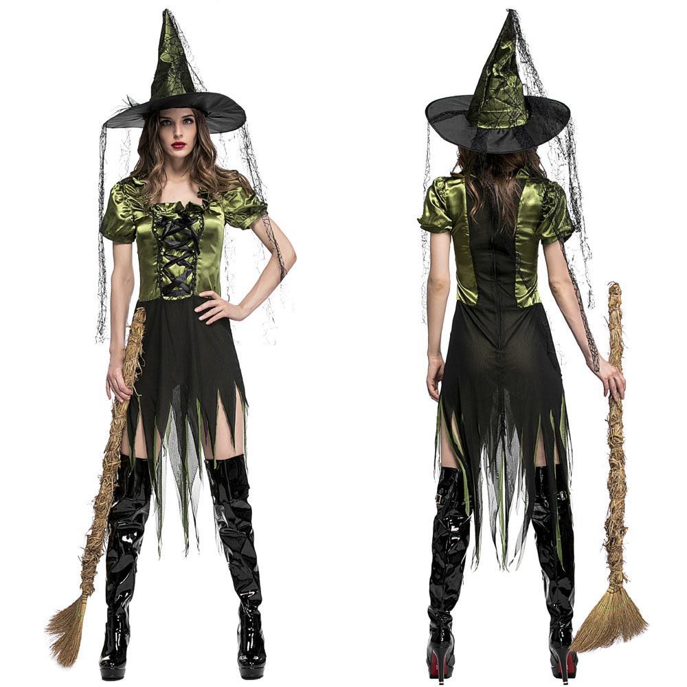 Halloween Women Sexy Witch Green Cosplay Costume Tulle Dress