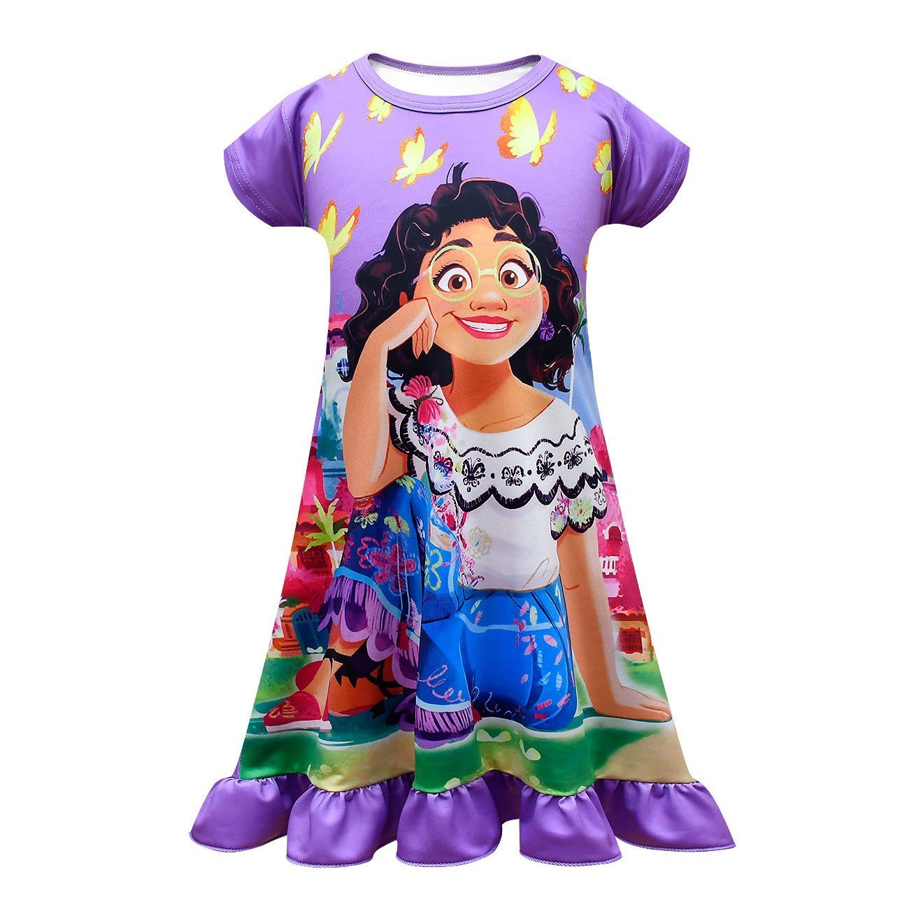 Encanto Mirabel Costume Nightgown Girls' Short Sleeve Ruffle Pajamas Dress-Pajamasbuy
