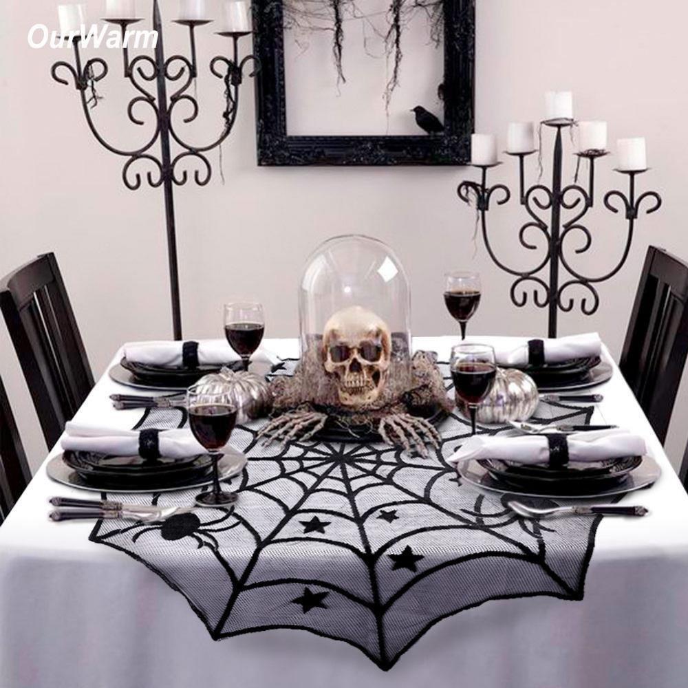 Halloween black spider lace round tablecloth for family table decoration