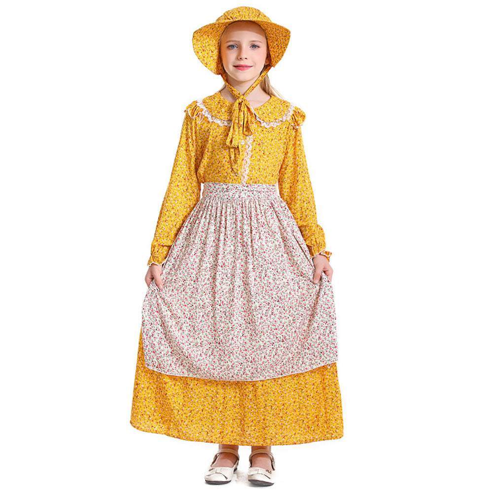 Kids Yellow Floral Colony Girl Prairie Pioneer Trailblazer Cosplay halloween Costumes-Pajamasbuy