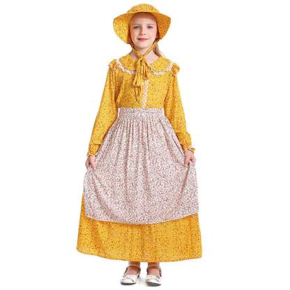 Kids Yellow Floral Colony Girl Prairie Pioneer Trailblazer Cosplay halloween Costumes-Pajamasbuy