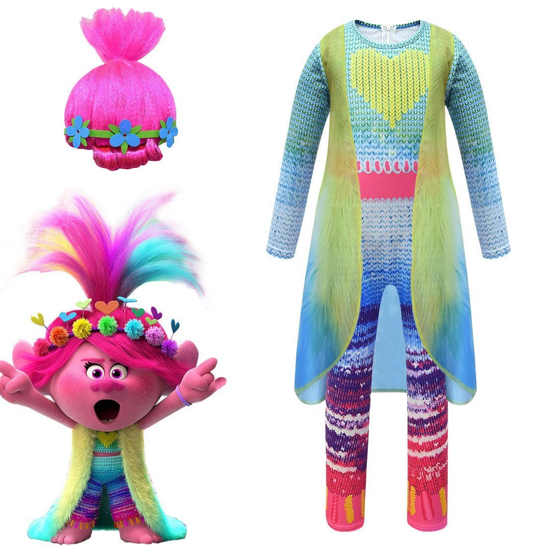 Fancy Trolls 2 Jumpsuit Girls Children Poppy 2 Costumes for Kids Suit Wig