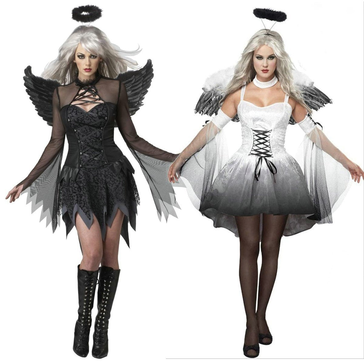 Halloween Party Masquerade Black White Angel Outfits Cosplay Costume