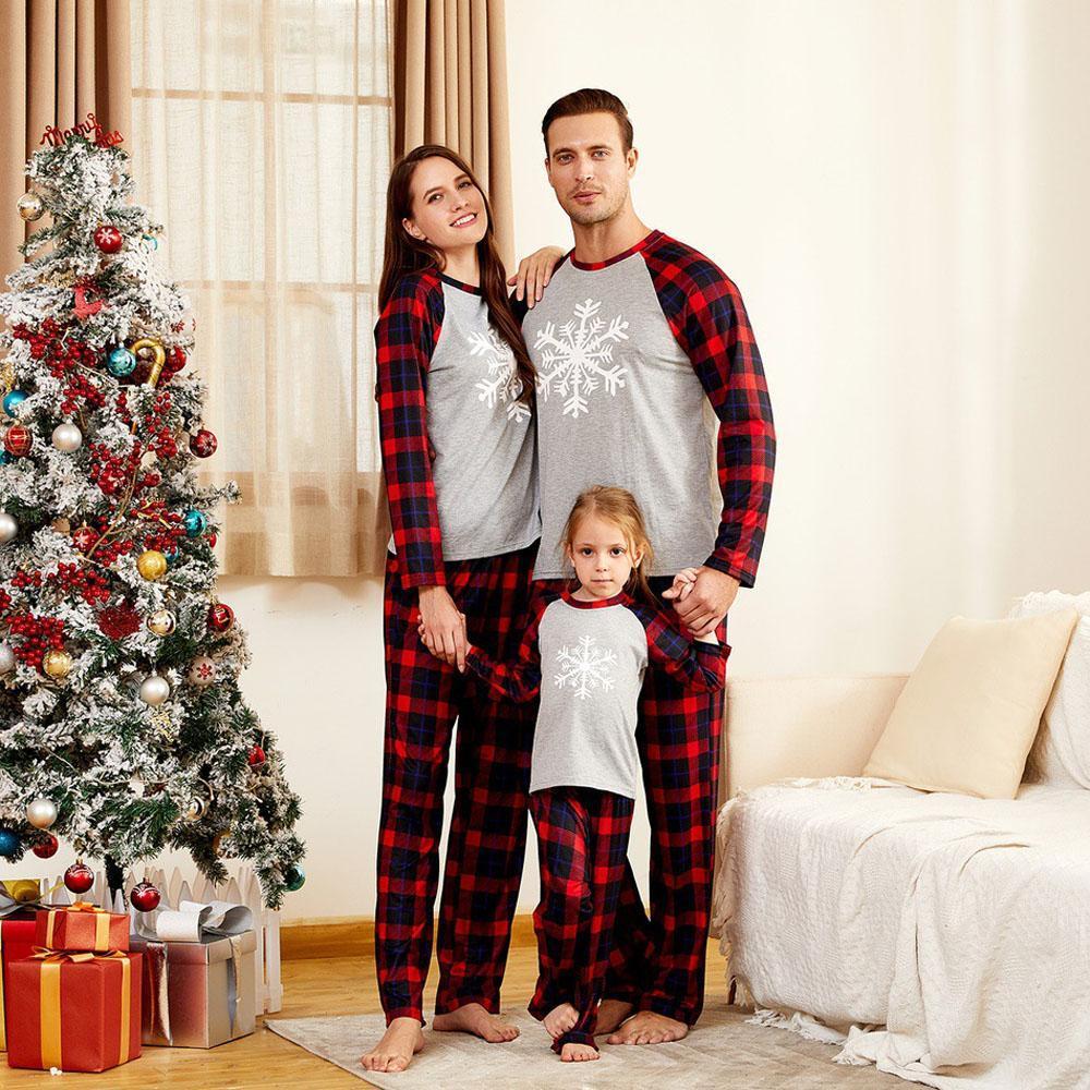 Christmas Matching Family Christmas Pajamas Sets with Red Plaid Long Sleeve Tee and Pants grey pajamas
