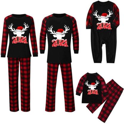 Christmas Family Matching Pajamas Elk Christmas Hat Plaid Long Sleeve Sleepwear Set