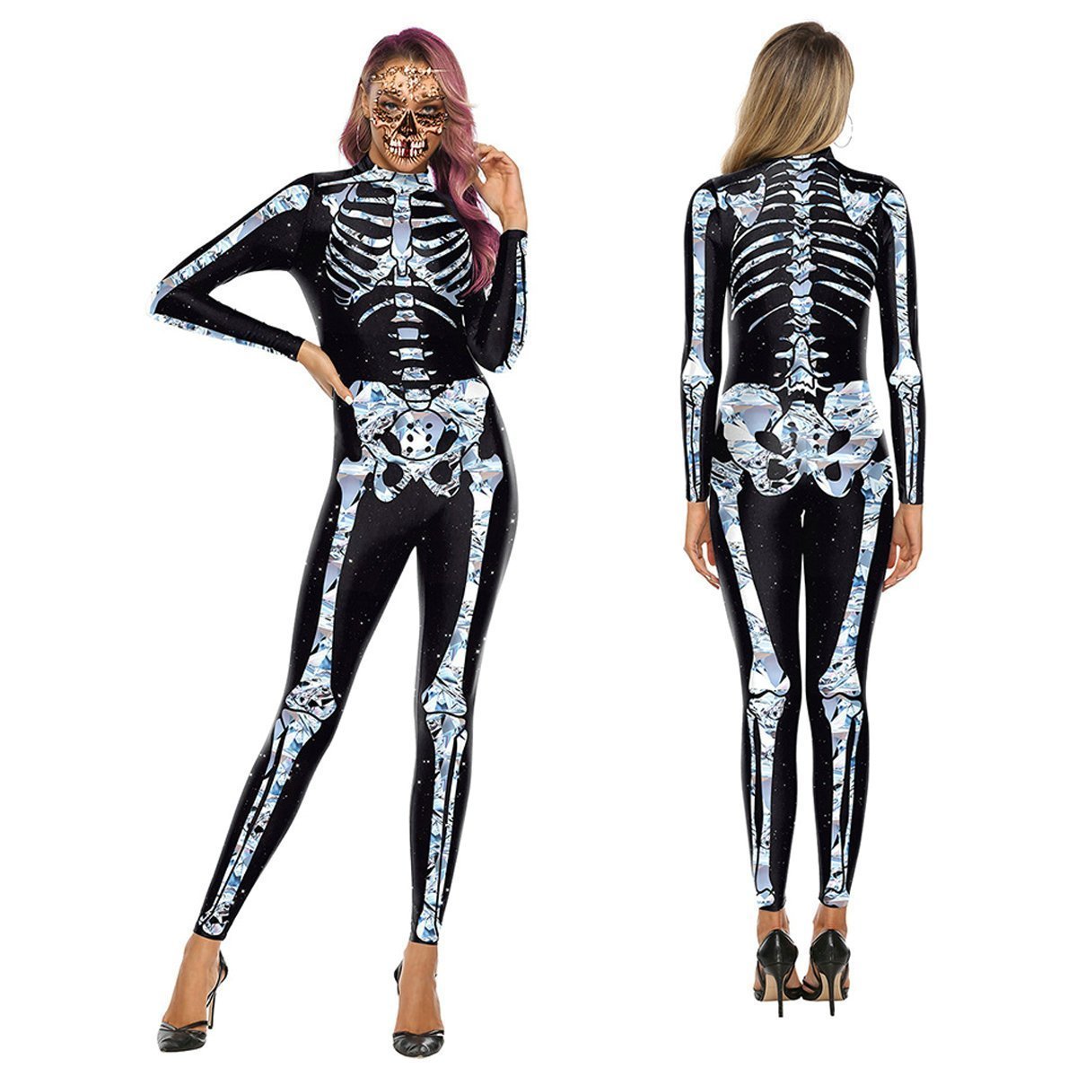 Halloween White Skeleton Elastic Bodycon Jumpsuit Cosplay Costume-Pajamasbuy
