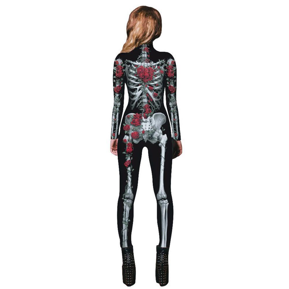 Women Printed Rose Skull Skeleton Catsuit Halloween Costume