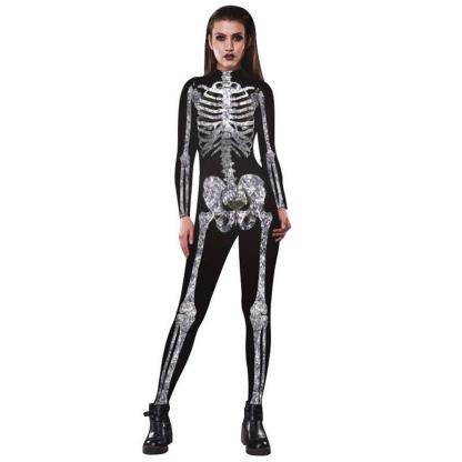 Black Printed Skull Skeleton Catsuit Halloween Jumpsuit Costume