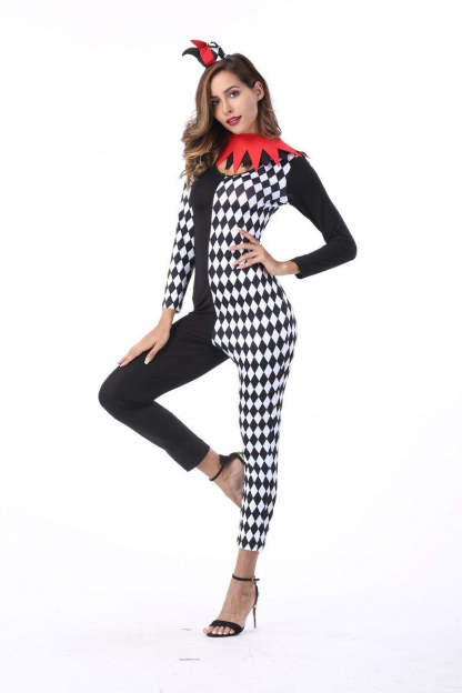 Adult Women Circus Clown Costume Halloween Jumpsuit Contrast Color