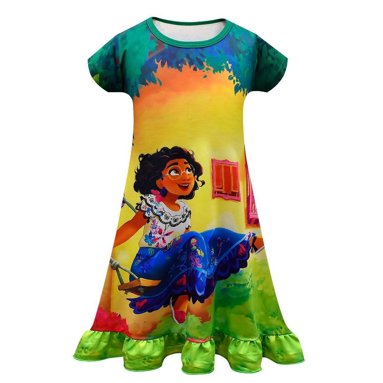 Encanto Mirabel Nightgown Little Girls Short Sleeve Ruffle Princess Pajamas Dress-Pajamasbuy