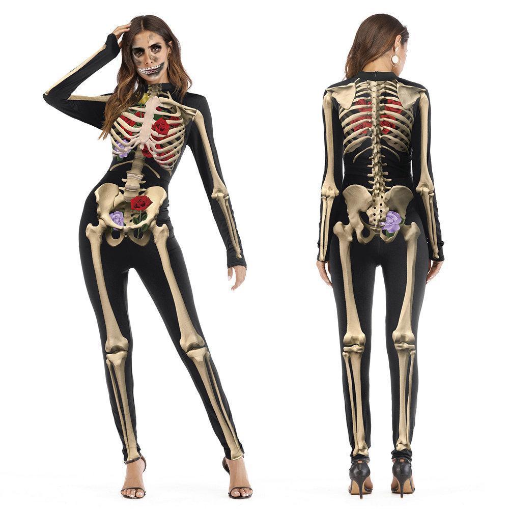 Women's 3D Flowers Skeleton Viscera Halloween Cosplay Jumpsuit Catsuit Party Costume