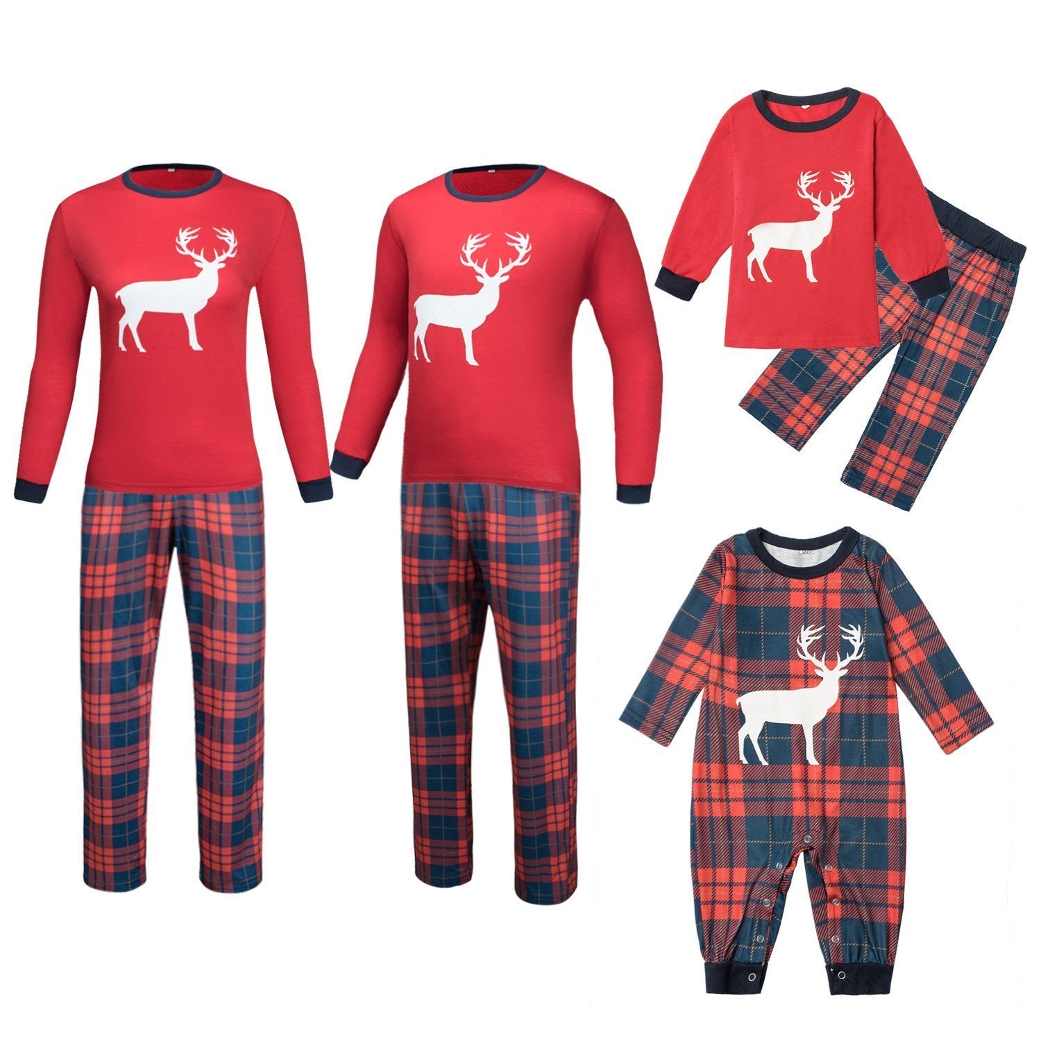 Family Matching Christmas Elk Pattern Print Plaid Pajamas Set 2020