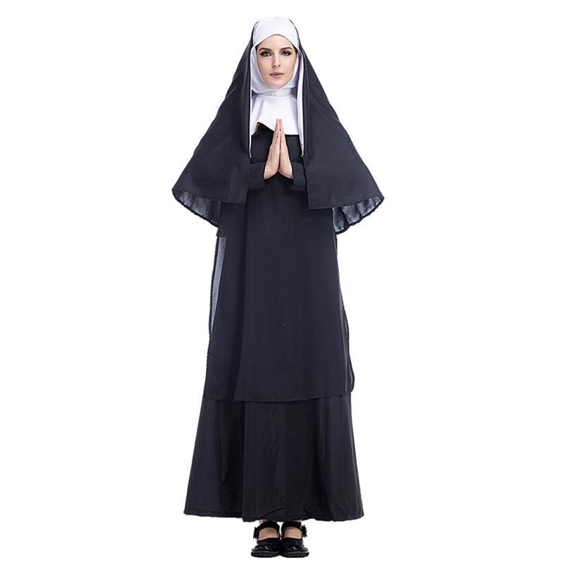 Virgin Mary Nun Cosplay Costumes Adult Long Black Scary Nuns Ghost Clothes Uniform Halloween Party