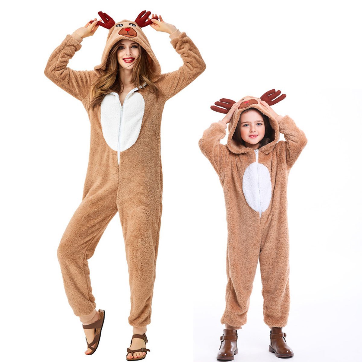 Family Matching Santa Deer Kigurumi Pajamas Hooded Zipper Jumpsuit